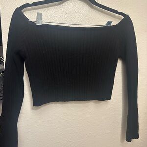Black Ribbed Off-Shoulder Cropped Sweater